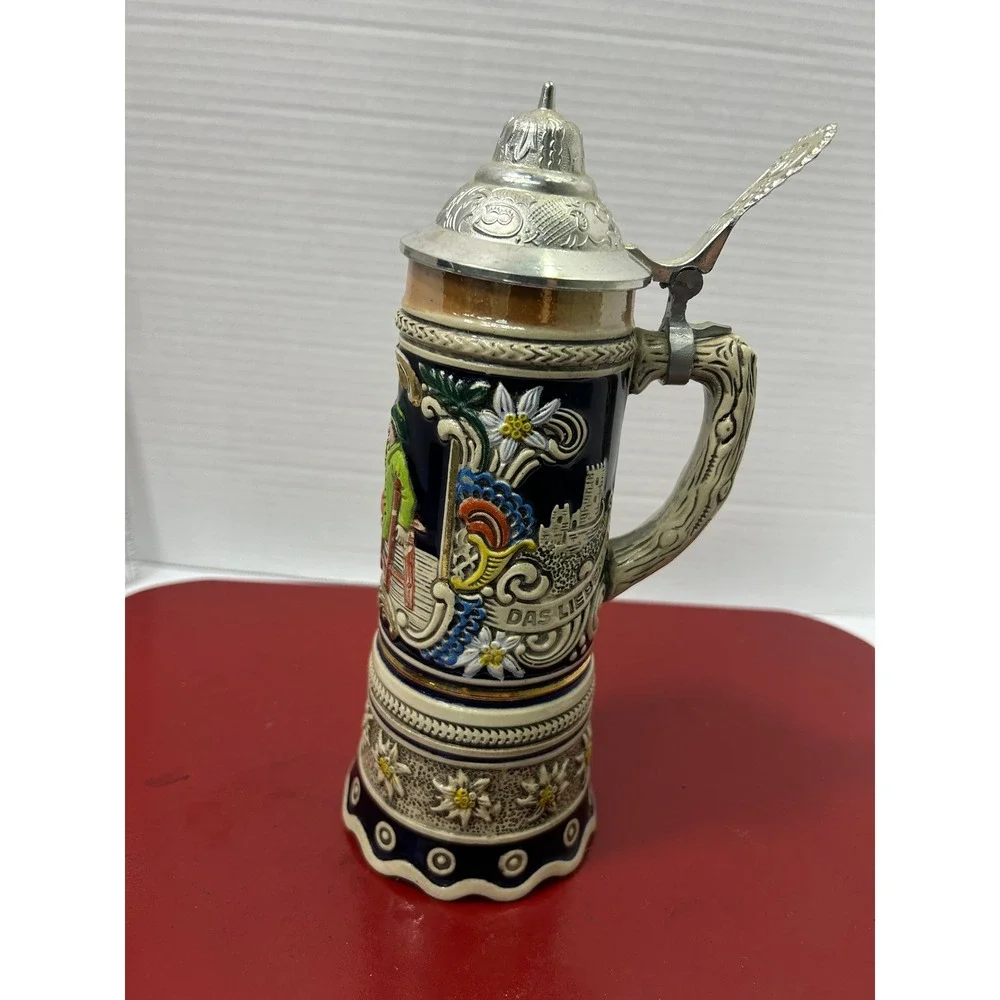 MAPSA Musical Tavern Relief Beer Stein Cobalt Blue Swiss Movement Bavarian